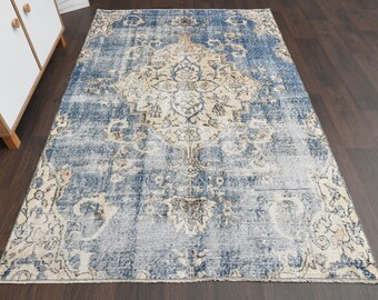 4.4x6.6 Ft Handmade vintage Oushak rug, Turkish rug, Anatolian rug, 4x7 Blue rug, Living room rug, 4x7 Wool area rug, Boho rug, Oriental rug