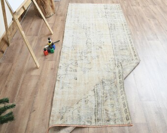 3x8 Faded Beige Floral Turkish rug, Oushak vintage rug, Narrow Hallway rug, 3x8 Runner rug, Room decor, Kitchen rug, 3.1x8 ft,