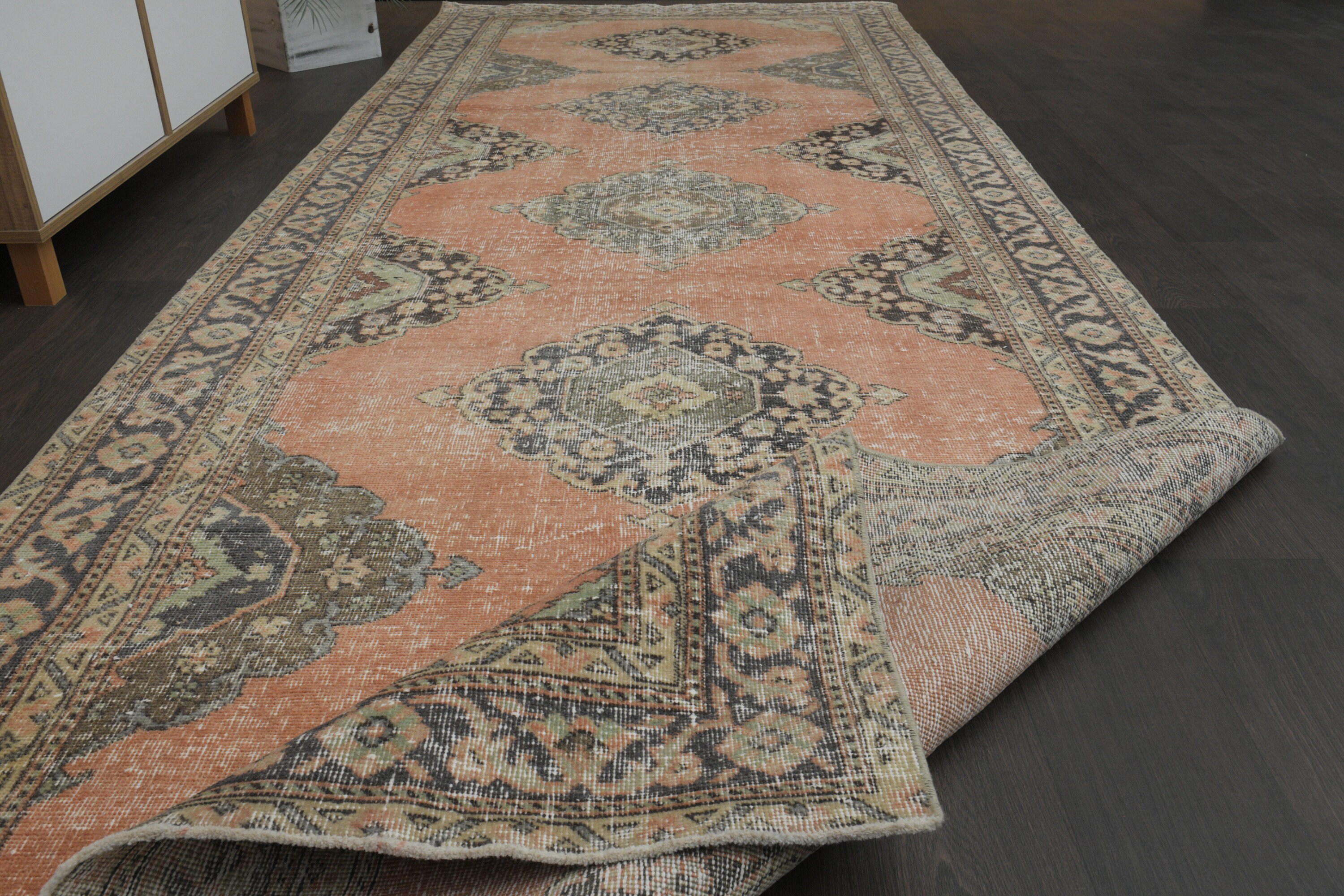 大判/オレンジがかったくすみベージュとターコイズのトルコラグNo.709