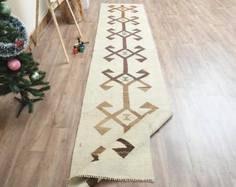 2.5x11.5 Ft Handmade Turkish rug, Distressed Beige Rug, Kitchen rug, Vintage Oushak rug, Hallway rug, Antique rug, Wool rug, 3x12 Runner rug