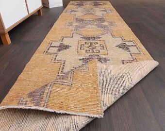 2.6x9.9 Ft Handmade Turkish rug, Vintage runner, Oushak runner, Orange purple rug, Kitchen rug, Faded rug, 3x10 Runner rug, Geometric  rug