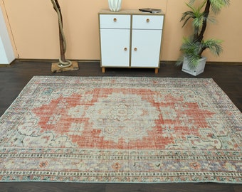 6x9 Antique Rug, Orange Beige Rug, Turkish Oushak Rug, Handmade Vintage Rug, 6x9 Area Rug, Living Room Rug, Washable Wool Rug, 6.2x9.3 Ft