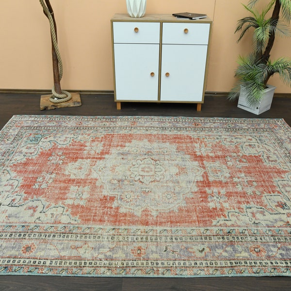 6x9 Antique Rug, Orange Beige Rug, Turkish Oushak Rug, Handmade Vintage Rug, 6x9 Area Rug, Living Room Rug, Washable Wool Rug, 6.2x9.3 Ft