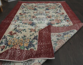 4x7 Beige red vintage rug, Handmade rug, 4x7 Rug, Area rug for living room, Floral rug, Turkish Oushak area rug, Distressed rug, 3.6x6.6 Ft