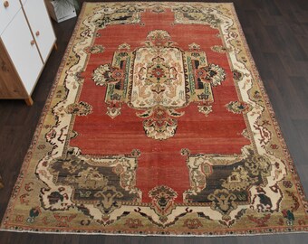 7x10 Oushak rug, Turkish rug, Neutral rug, Vintage rug, Red rug, Large rug, Handwoven rug, 7x10 Rug, Anatolian rug, Area rug, 6.9x10.5 Ft