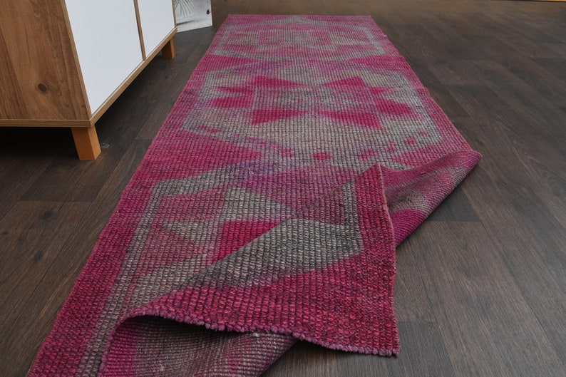 3x9 Handmade Turkish Vintage Rug, Oushak Rug, Antique Pink Gray Wool