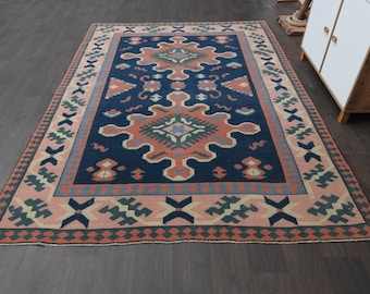 6x9 Antique rug, Navy Blue Orange Pink, Turkish Oushak rug, Handmade Vintage rug, Living room rug, Washable wool rug, 6.3x8.6 Ft
