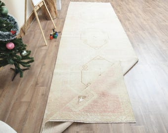4x13 Turkish Vintage Rug, Bohemian Runner Rug, Beige Pink, Anatolia Rug, Wool Oushak Runner Rug, 3.9x13.1 ft, Wide Runner rug, 3.9x13.1 ft