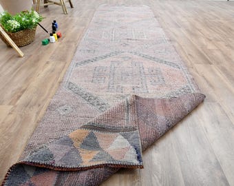 3x12 ft Handwoven Turkish runner rug, Vintage runner rug, Oushak runner, Hallway Rug, Runner rug, Purple rug, Wool rug, Geometric Rug, Faded