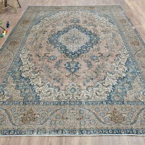 9x13 ft Vintage Turkish rug, Handmade Oversized rug, Large rug, Pink Blue rug, Vintage rug, 9x13 Area rug, Dining room rug, Oushak Rug