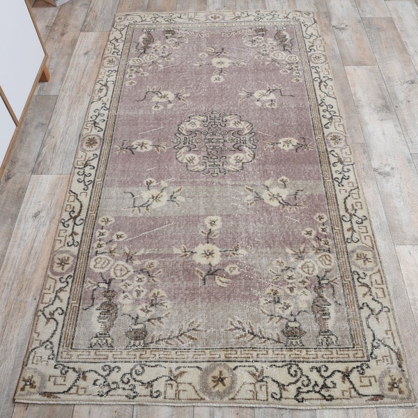 3.6x7.3 Ft Handmade Oushak rug, Turkish vintage rug, Shabby chic decor, One-of-a-Kind, Floral rug, 4x7 Area rug, Interior designer, Boho rug