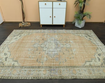 6x9 Antique Rug, Orange Beige Rug, Turkish Oushak rug, Handmade Vintage rug, 6x9 Area rug, Living room rug, Washable wool rug, 6.4x9.3 Ft