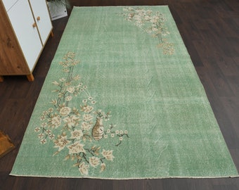 5.2x9.3 Ft Vintage rug, Turkish rug, Anatolian rug, Oushak rug, Bedroom rug, Green rug, Living room rug, Area rug, Floral rug, 5x9 Rug