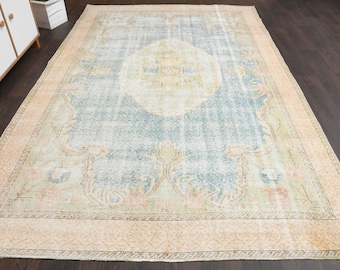 Tapete turco 7x10, tapete da Anatólia, tapete vintage, tapete Oushak, tapete para sala de estar, decoração para casa, tapete grande 7x10, tapete desbotado, 6,6x10,3 pés