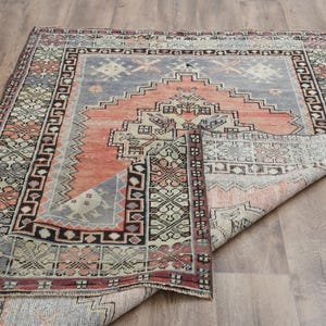 3&#39;7x6&#39;2 ft, VINTAGE HANDMADE RUG, Wool Antique Rug, Orange Blue Green Rug, Turkish Rug, Medium Size Rug, 4x6 Area Rug, Dining Room Rug, Star