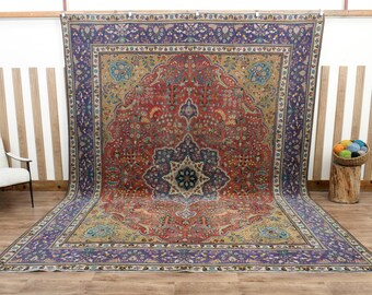 300x300 Vintage Perserteppich, Rot Orange Blauer Übergroßer Teppich, Handgemachter Teppich, Rustikaler Orientteppich, Boho Teppich