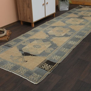 May include: A blue and beige runner rug with a geometric pattern. The rug has a distressed look and is made of wool.