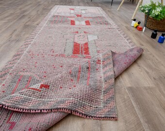 3x9 ft Eagle Motif Turkish rug, Pink vintage rug runner, Oushak rug, Wool carpet, Runner rug, Hallway rug, Purple, Kitchen rug, Handwoven