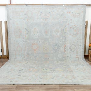 10x13.5 OUSHAK Vintage Rug, Turkish Rug, Pastel Blue Rug, Handwoven, Rug for Living room, Bohemian Rug, Hand-Knotted Wool, Area rug 10x14