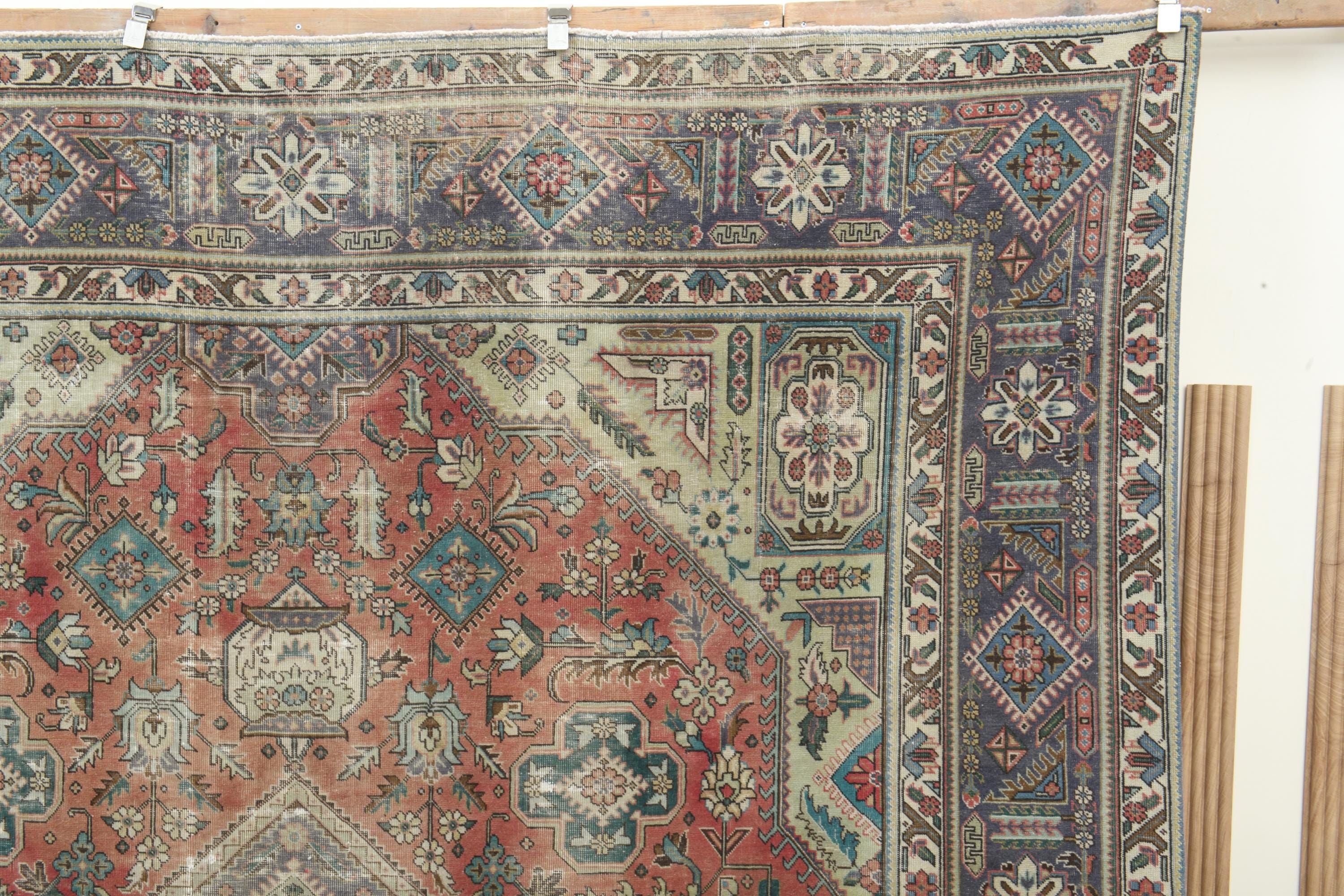 10x13 Vintage Persian Distressed Rug, Red Blue, Oversized Area Rug, Wool rug, Handmade rug, Rustic Rug, Turkish Rug, Boho Chic, 9.6x12.7 ft