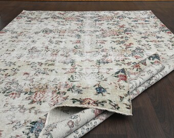6.5x9.1 Ft Bohemian vintage Turkish rug, Handmade Oushak rug, Living room rug, White Beige rug, Antique oriental rug, 6x9 Area rug, Wool rug