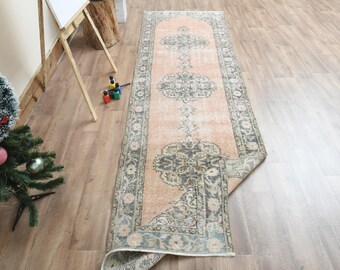 3x10 Coral Turkish Rug, Handmade vintage rug, Kitchen rug, Hallway rug, Runner rug, Modern Decor, Stair Corridor Decor, 3.1x10.4 ft