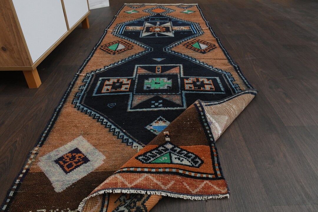 3x8 Brown Navy Blue Vintage Turkish Rug, Handmade Antique Rug, Kitchen