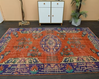 7x10 Antique rug, Orange Purple Rug, Turkish Oushak Rug, Handmade Vintage Rug, Area Rug, Living Room Rug, Washable Wool Rug, 6.5x10.1 Ft