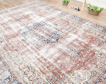 9x12 Antique Turkish rug, Red Area rug, Oversized Handwoven rug, Oushak wool rug, Dining room rug, Oriental rug, Distressed rug, 8.5x12.3 Ft