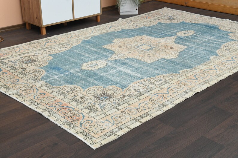 7x11 Turkish Rug, Antique Rug, Vintage Rug, Oushak Rug, Faded Blue