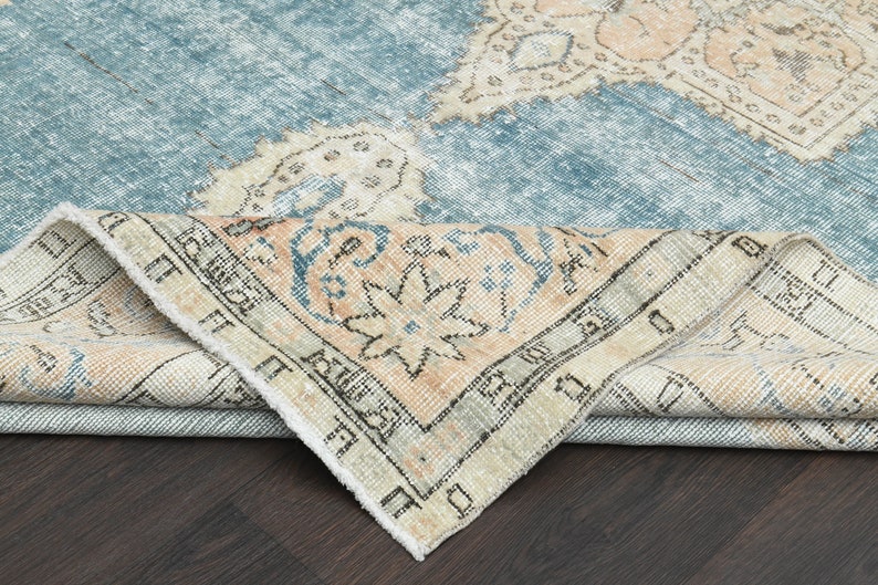 7x11 Turkish Rug, Antique Rug, Vintage Rug, Oushak Rug, Faded Blue