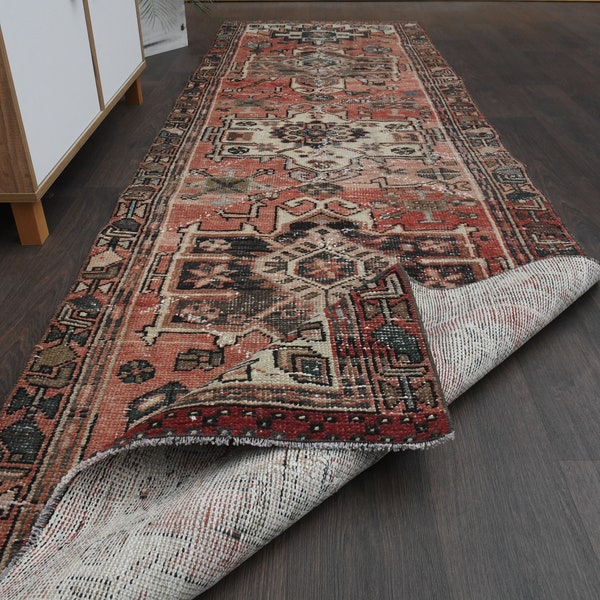 3x10 rotbrauner Vintage-Teppich, handgemachter Oushak-Wollteppich, türkischer Teppich, Einzelstück, Läuferteppich, Flur-Küchenteppich, 3x10 Teppich, 3,0x10,2 Ft