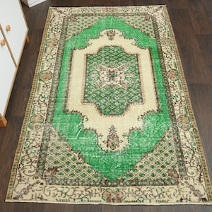 4x6 Beige green vintage rug, Handmade Turkish rug, Oushak rug, Area rug, Home decor, 4x6 Rug, Beige living room rug, Faded rug, 3.9x6.4 Ft