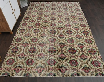 Tapete vintage 7x10, tapete turco, tapete Oushak, tapete da Anatólia, tapete feito à mão, tapete floral, decoração para casa, tapete de área 7x10, tapete de lã, 6,8x10,2 pés