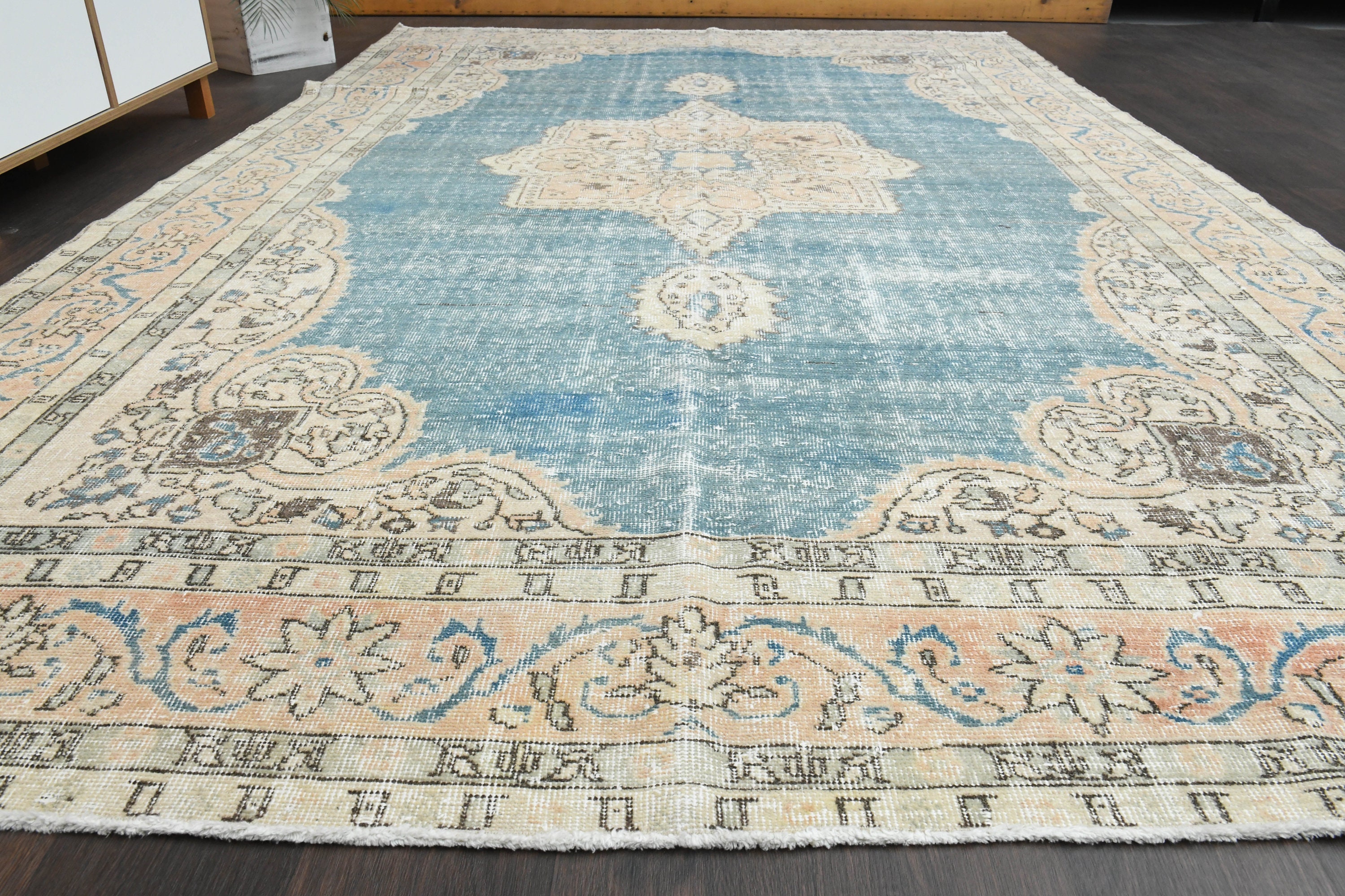 7x11 Turkish Rug, Antique Rug, Vintage Rug, Oushak Rug, Faded Blue