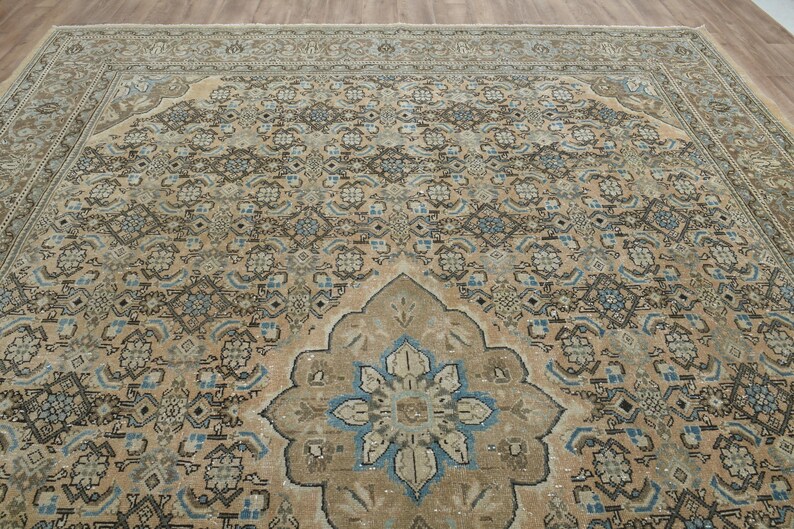May include: A large, rectangular area rug with an intricate, traditional design. The rug features a central medallion and a border with repeating patterns in shades of beige, brown, and blue. The rug is made of a soft material.
