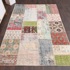 Tapete turco vintage de 4,9x6,9 pés, tapete Oushak, tapete de lã feito à mão, decoração exclusiva de casa de fazenda da Anatólia, carpete étnico, tapete de 5x7 pés