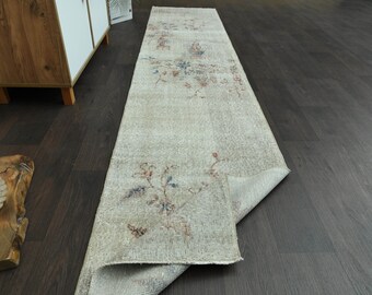 2.2x10.5 Ft Handmade Turkish Vintage Oushak floral runner, Antique beige wool rug, 2x10 Runner rug, Hallway rug Farmhouse decor, Kitchen rug