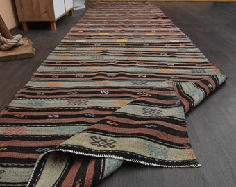 3'9x14'5 ft, Orange Green Turkish rug, Handmade vintage Oushak rug, Hallway rug, 4x15 Runner rug, Kitchen Rug, Cleanable rug, Wool rug, 4x15