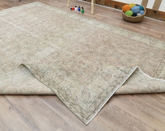7 x 10 beige vintage tapijt, handgemaakt tapijt, Turks tapijt, antiek tapijt, groot tapijt, wollen tapijt, woondecoratie, woonkamertapijt, bloementapijt
