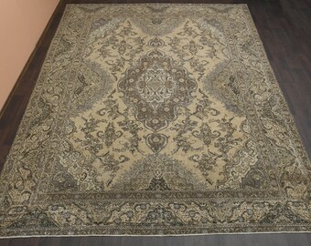 300x300 Orange brauner Teppich, Handgemachter Türkischer Vintage Teppich, 300x300 Großteppich, Wohnzimmerteppich, Minimalistischer Heriz Teppich