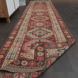 3x12 Red beige Turkish rug, Handmade rug, Hallway rug, Vintage rug, Oushak rug, Runner rug, Kitchen rug, 3x12 Rug, Home decor, 2.9x12.5 Ft
