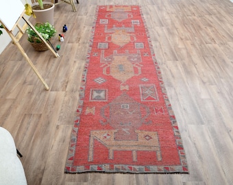 3x11f t Turkish runner rug, Vintage runner, Anatolian rug, Hand-knotted rug, Handmade wool rug, Bohemian rug, Pink rug, 3x11 Rug for Kitchen