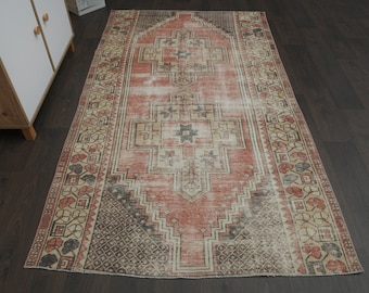4x7 Distressed Red beige vintage rug, Handmade Turkish rug, 4x7 Area rug, Living room rug, Bedroom rug, Interior designer, 4.3x7.4 Ft