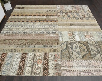 9.7x9.8 Ft Patchwork handwoven rug, Vintage Turkish rug, Oushak rug, Antique wool rug, 10x10 Area rug, Living room rug, Interior designer