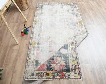 4x8 Red Black Turkish vintage kilim, Handmade rug, Modern Carpet, Hallway rug, Kitchen rug, Stair Runner rug, Antique Rug, 3.6x7.8 ft