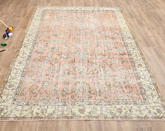 6x9 Vintage Turkish Rug, Floral Rug, Handmade Oushak rug, Living room rug, Distressed pink beige rug, 6x9 Area rug, Wool rug, 6.5x9.1 Ft