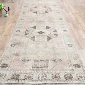 3x13 ft Turkish vintage runner rug, Oushak runner, 3x13 Bedroom rug, Home Decor, Wool Bedside Rug, Faded Red Rug, Geometric Runner, Red Rug