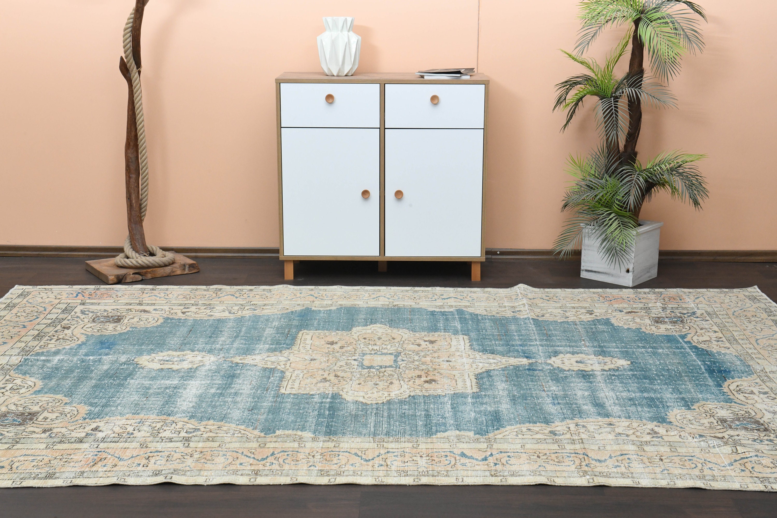 7x11 Turkish Rug, Antique Rug, Vintage Rug, Oushak Rug, Faded Blue