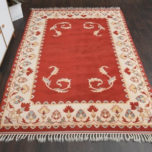 6x9 Bordered Red Vintage Rug, Turkish Oushak Rug, Handmade Vintage rug, 6x9 Area rug, Living room rug, Washable wool rug, Area Rug, 5.8x8.7